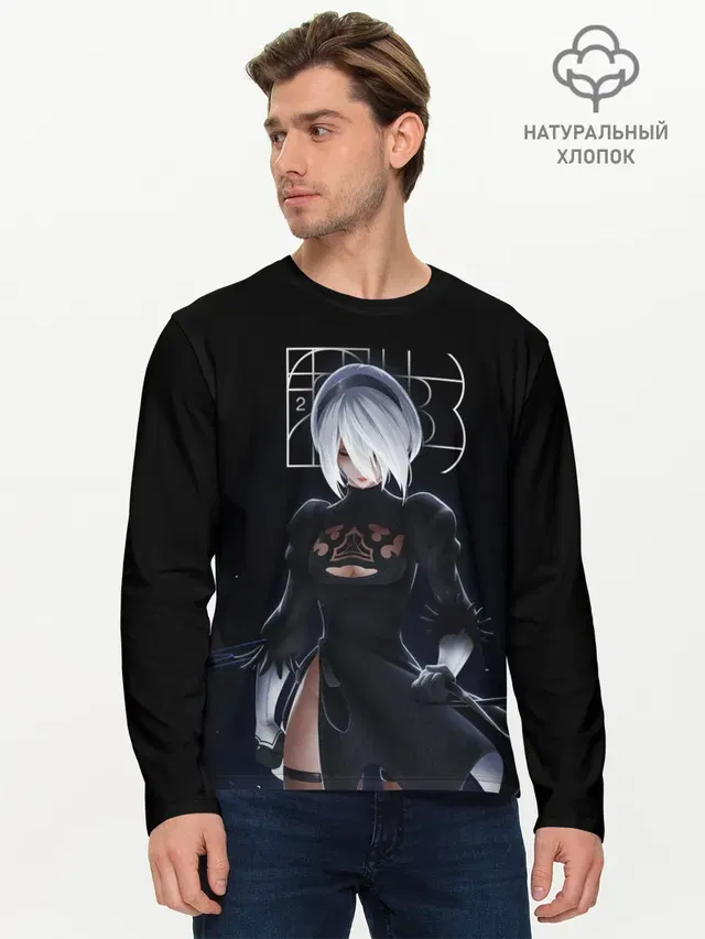 Мужской лонгслив базовый с принтом «Nier — 2B»