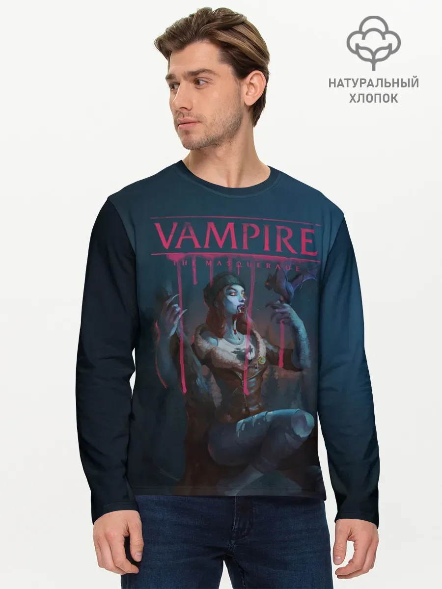 Мужской хлопковый лонгслив «Vampire» — мерч купить — принт крупно