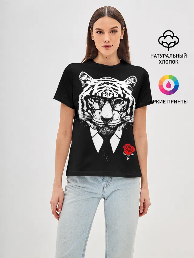 Тигр с красной розой
