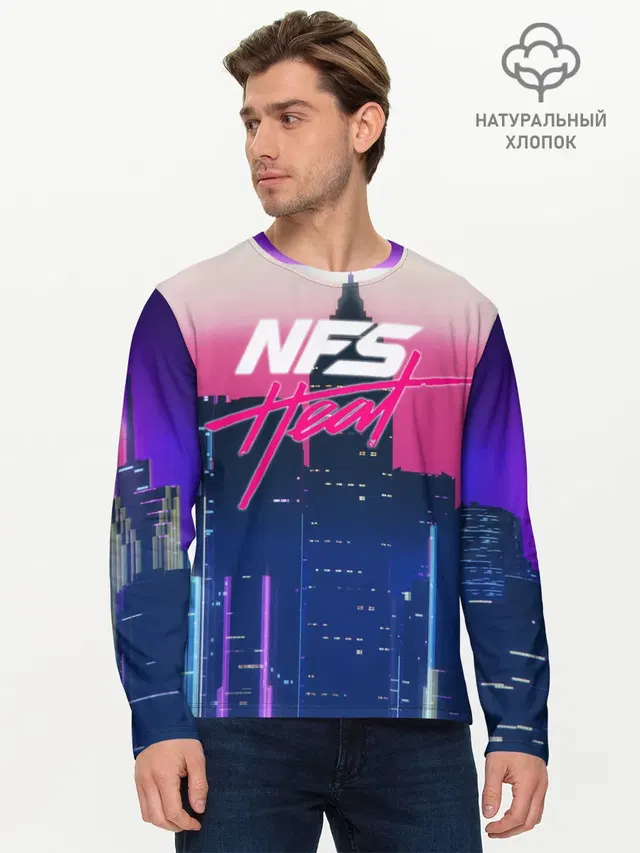 Мужской лонгслив базовый с принтом «Cityscape — NFS Heat»