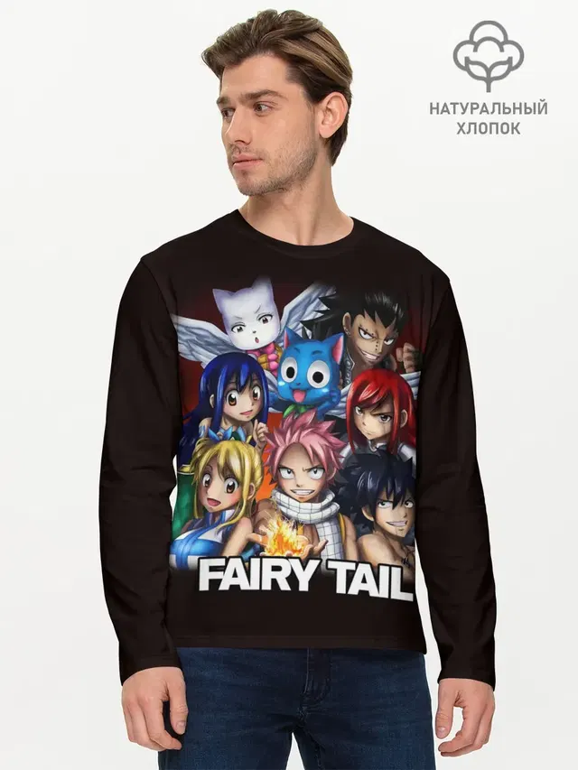 Мужской лонгслив базовый с принтом «Хвост Феи — Fairy Tail logo and heroes»