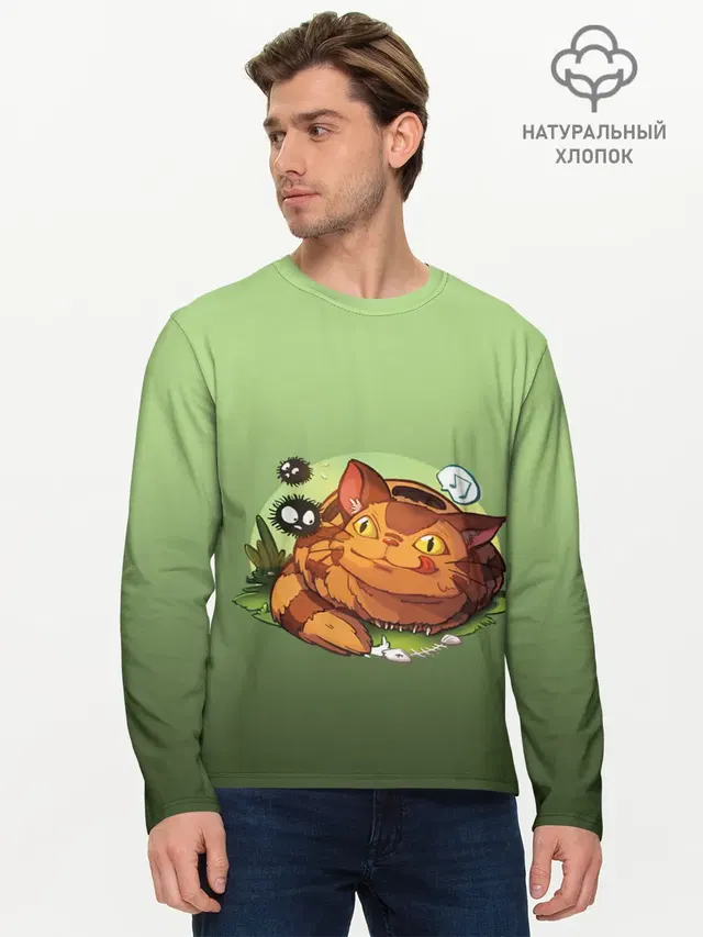 Мужской лонгслив базовый с принтом «Студия GHIBLI — Catbus Studio Ghibli Котобус»