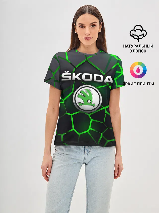 Женская базовая футболка с принтом «Skoda — Skoda 3D плиты с подсветкой»