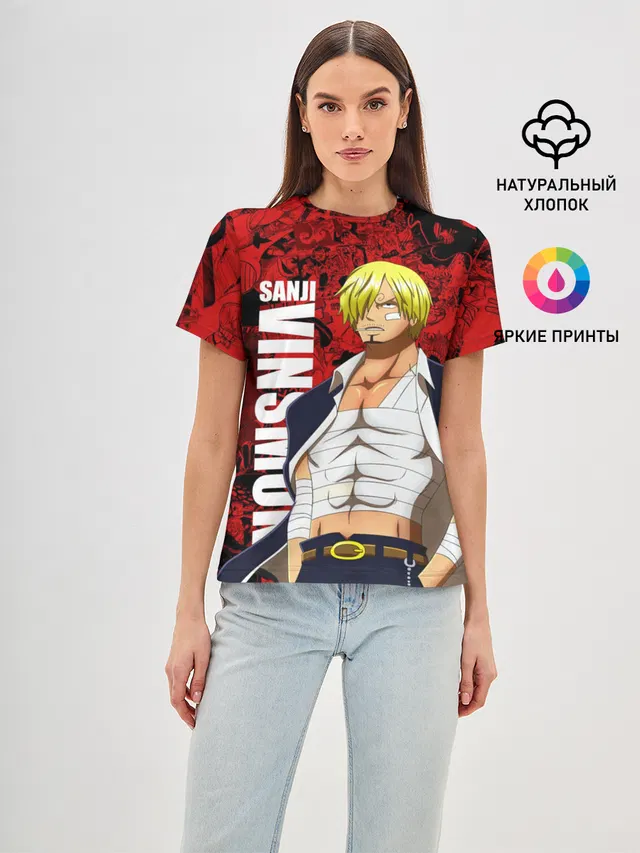Женская базовая футболка с принтом «Ван Пис — Санджи Винсмок, One Piece»