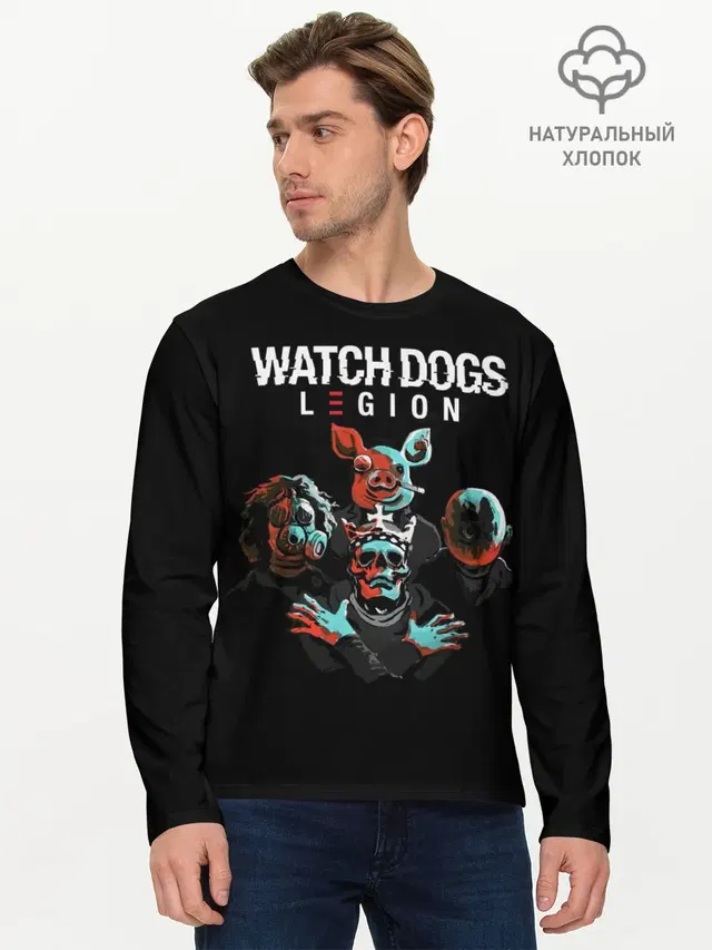 Мужской лонгслив базовый с принтом «Gas mask — Watch Dogs Legion»