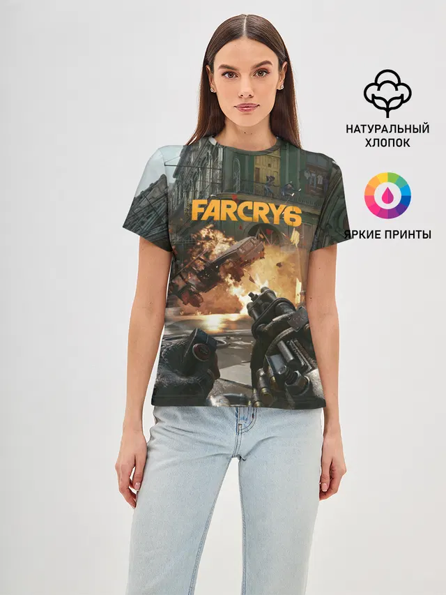 Женская базовая футболка с принтом «Explosion — Far Cry 6 gameplay art»