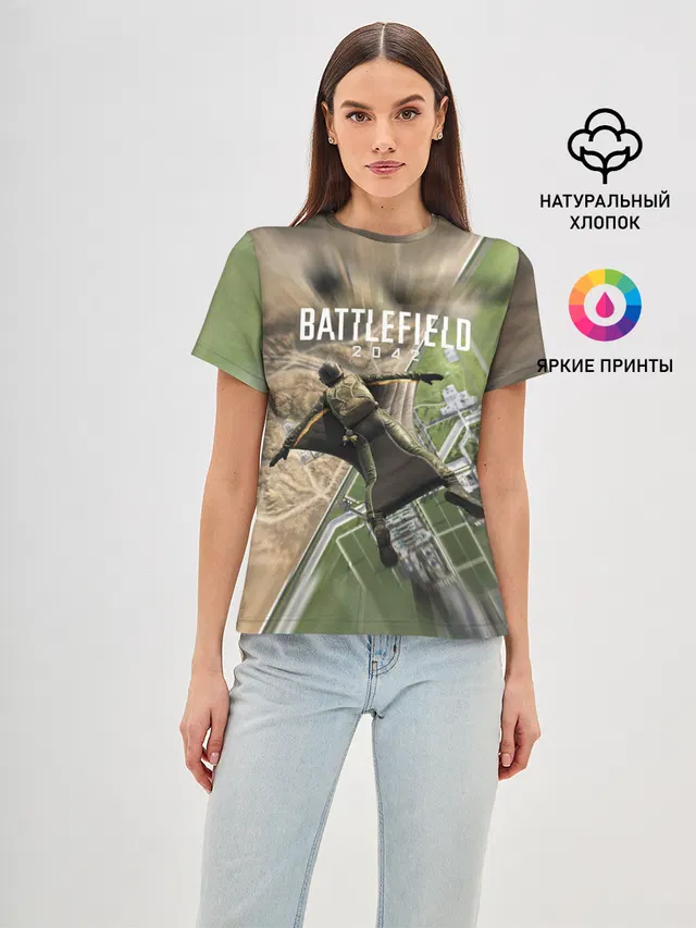 Женская базовая футболка с принтом «Высадка Battlefield 2042»