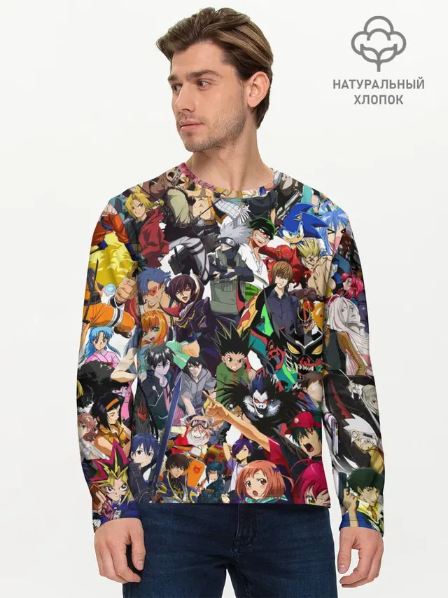 Мужской лонгслив базовый с принтом «ACTION ANIME CHARACTERS!»