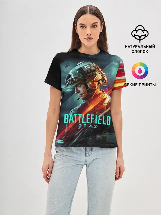 Женская базовая футболка с принтом «Battlefield 2042 game art»