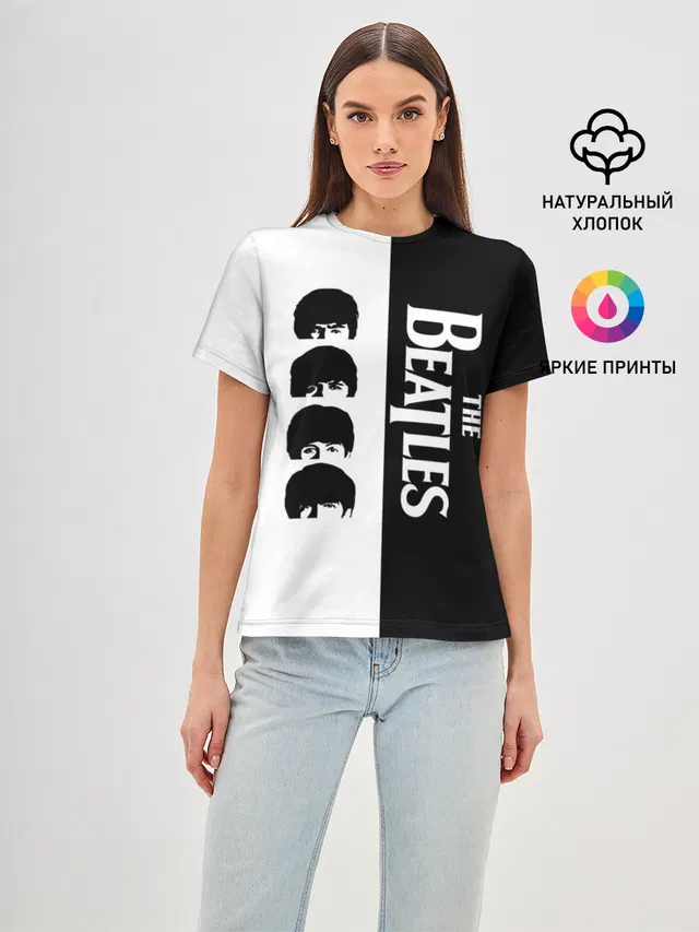 Женская базовая футболка с принтом «The Beatles — The Beatles черно - белый партер»