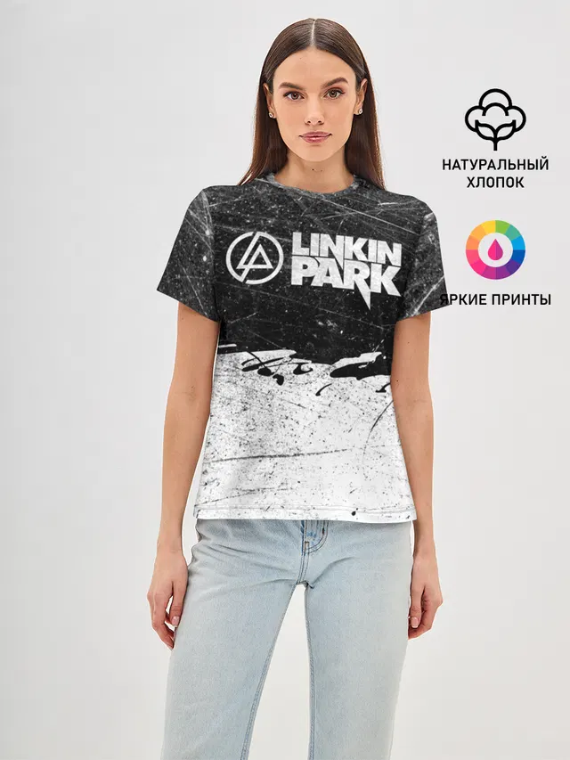 Женская базовая футболка с принтом «Rock music — Линкин Парк Лого Рок ЧБ — Linkin Park Rock»