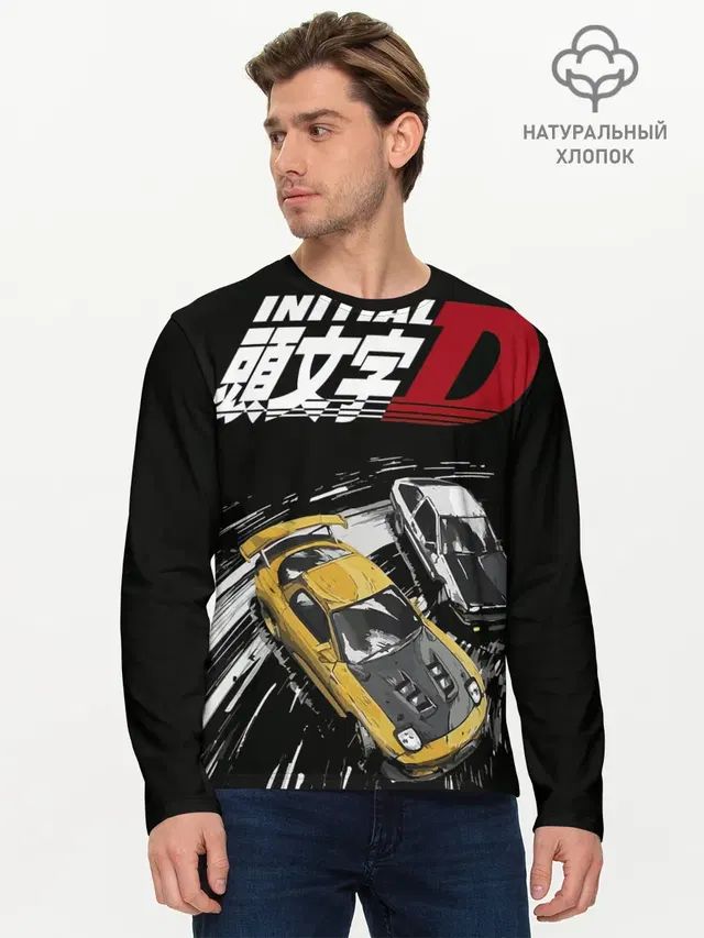Мужской лонгслив базовый с принтом «Initial D две машины»