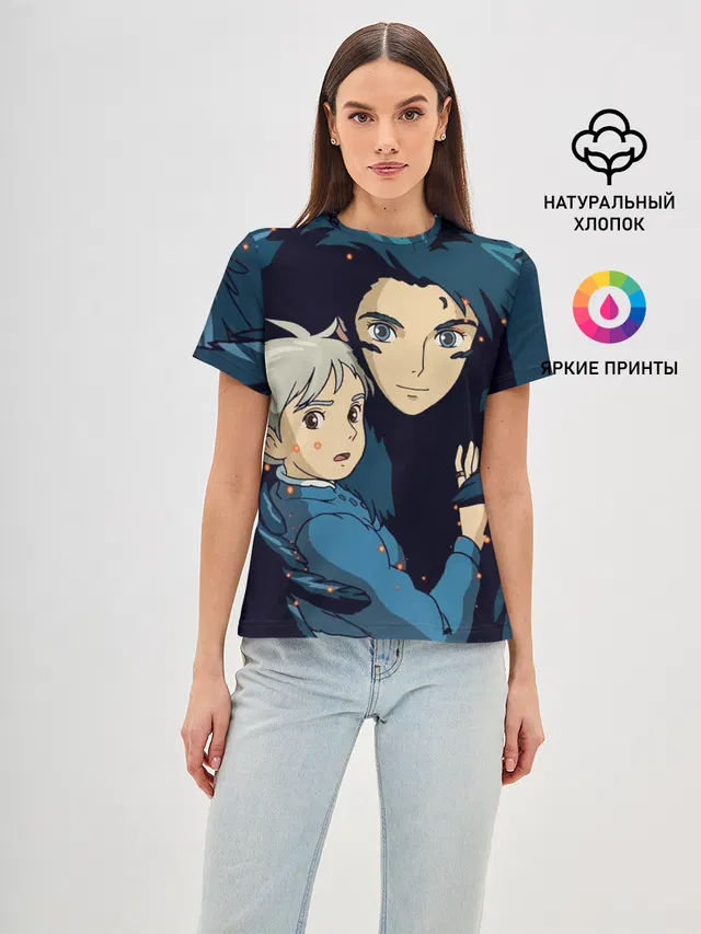 Женская базовая футболка с принтом «Студия GHIBLI — Ходячий замок Софи и Хаул летят»