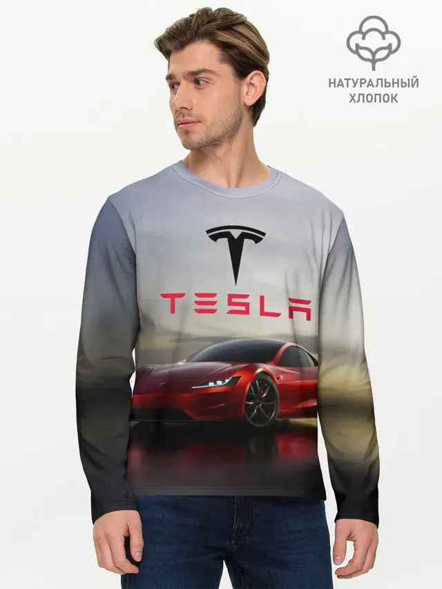 Мужской лонгслив базовый с принтом «Tesla — Tesla Roadster»