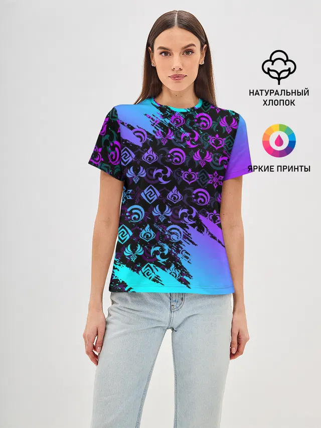 Женская базовая футболка с принтом «Геншин Импакт — GENSHIN NEON PATTERN SYMBOL — НЕОН ЭМБЛЕМЫ»