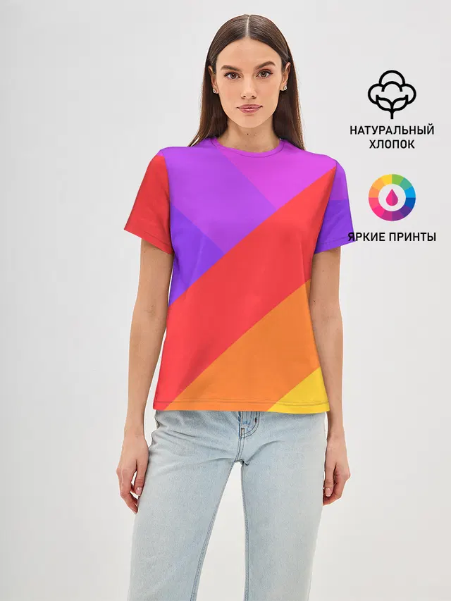 Женская базовая футболка с принтом «Текстуры — РАДУЖНАЯ ГЕОМЕТРИЯ — RAINBOW GEOMETRY»