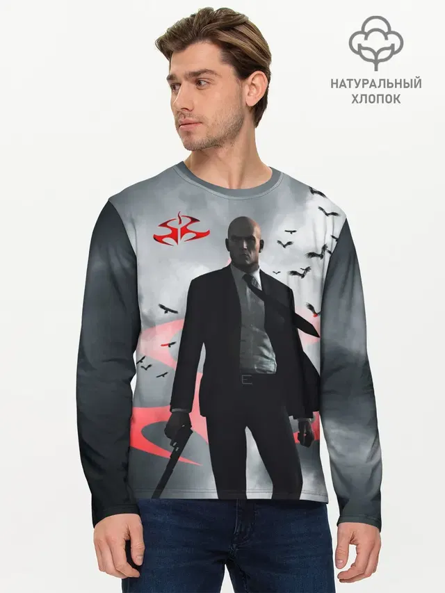 Мужской лонгслив базовый с принтом «Hitman — Агент 47»