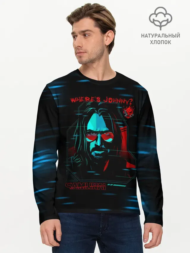 Мужской лонгслив базовый с принтом «Cyberpunk 2077 — WHERES JOHNNY? SAMURAI»