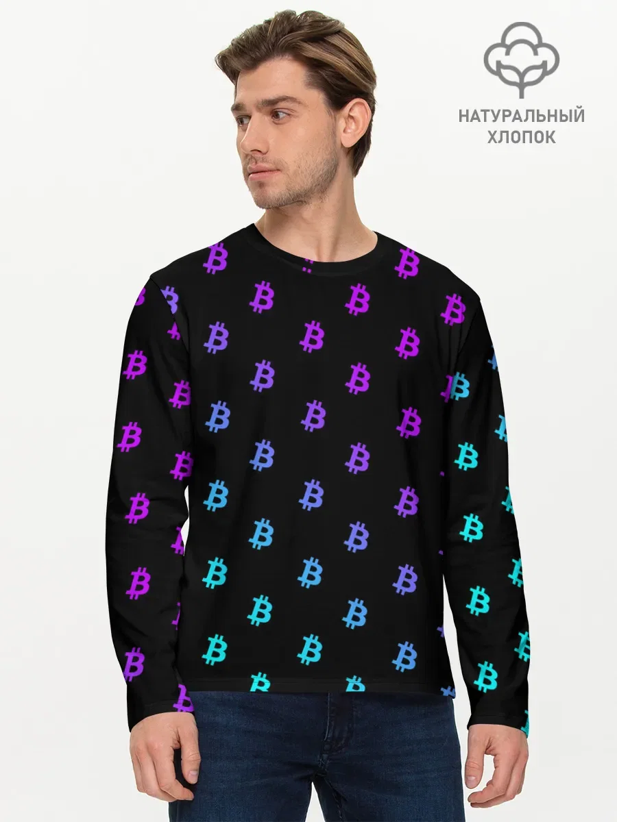 Мужской лонгслив базовый с принтом «БИТКОИН НЕОН |BITCOIN NEON», вид спереди