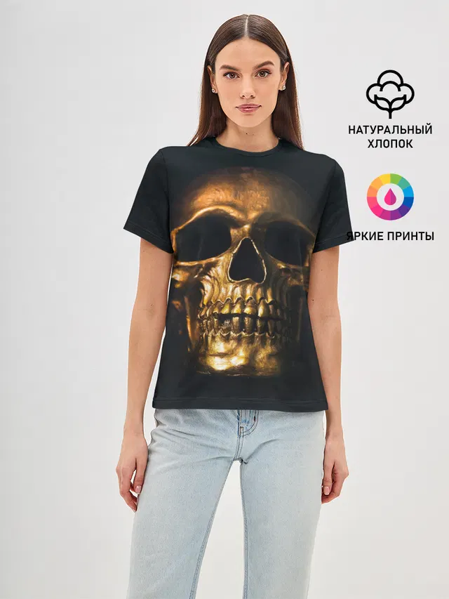 Женская базовая футболка с принтом «Черепа — Gold Skull»