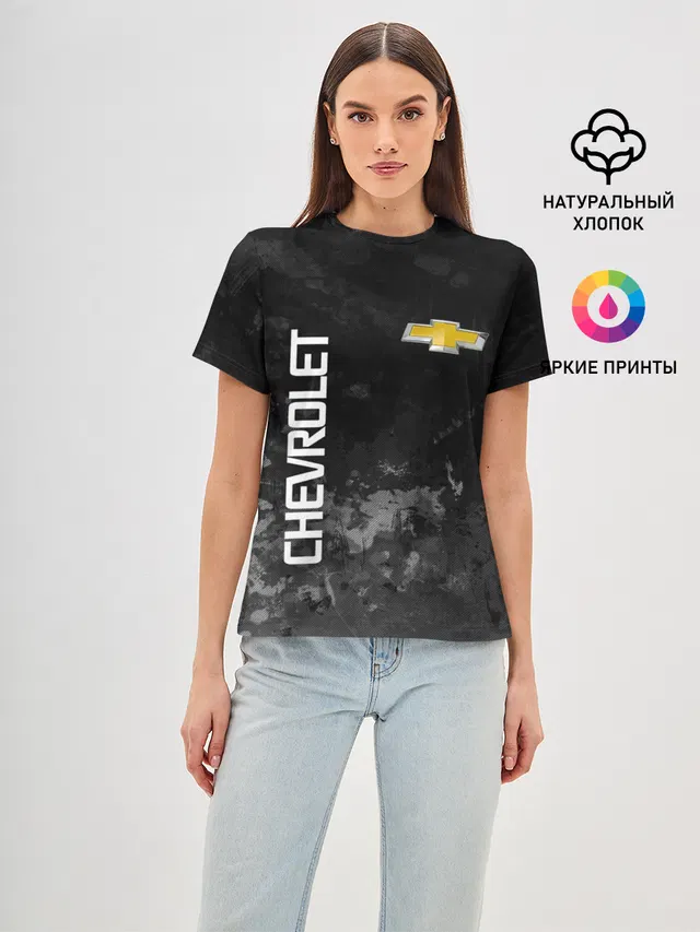 Женская базовая футболка с принтом «Bowtie logo — Chevrolet, gray»