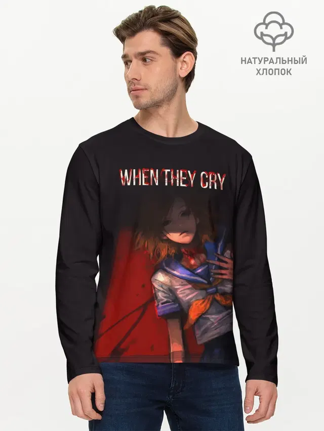 Мужской лонгслив базовый с принтом «Когда плачут цикады — When they cry»