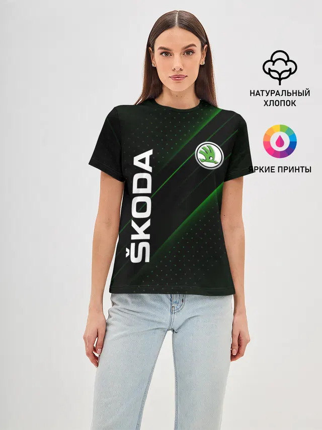 Женская базовая футболка с принтом «Skoda — SKODA, ШКОДА»