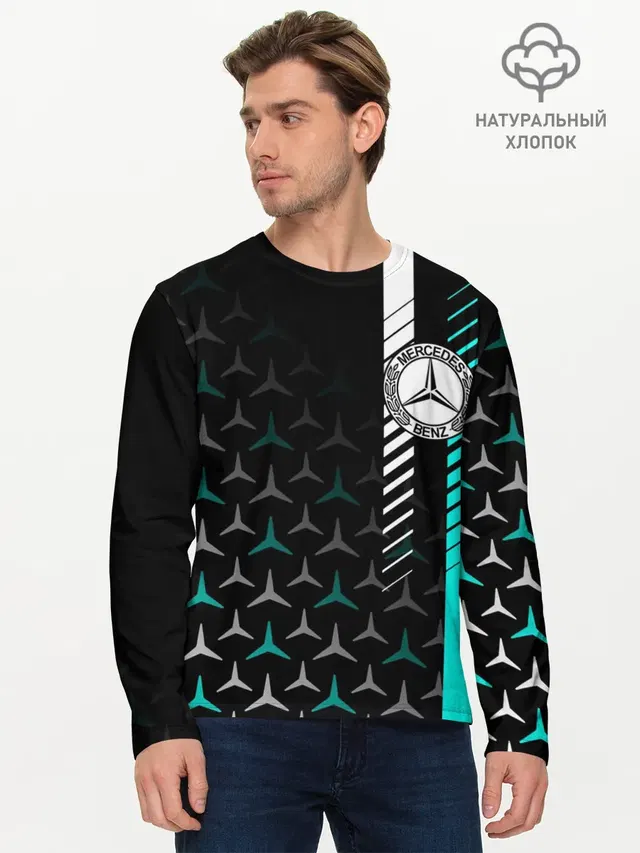 Мужской лонгслив базовый с принтом «Merсedes — МЕРСЕДЕС — AQUA BLACK GRADIENT»