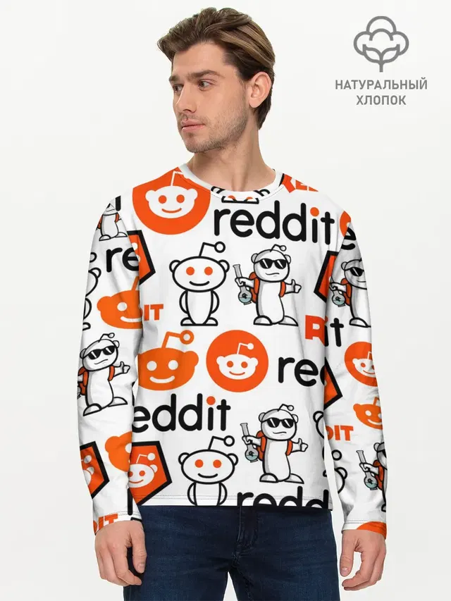 Мужской лонгслив базовый с принтом «Социальные сети — REDDIT — РЕДДИТ — ЛОГОБОМБИНГ»