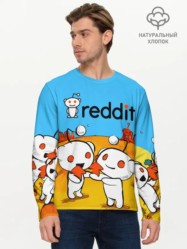Мужской лонгслив базовый с принтом «Социальные сети — REDDIT — РЕДДИТ — UPVOTE ART»
