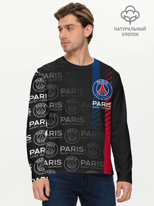 Мужской лонгслив базовый с принтом «ПСЖ — ФК ПСЖ — PARIS SAINT GERMAIN»