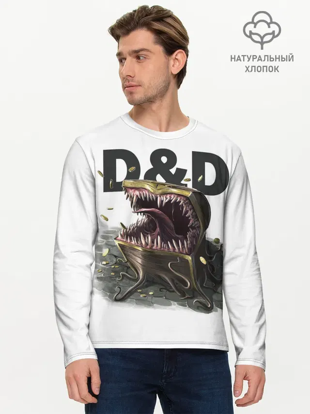 Мужской лонгслив базовый с принтом «Dungeons & Dragons — D&D — Мимик-сундук — ДнД»