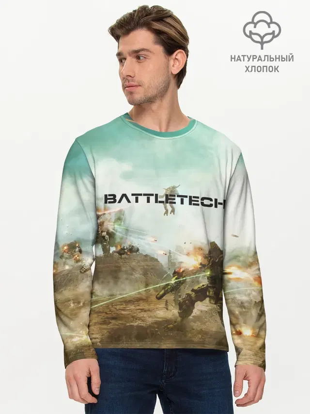Мужской лонгслив базовый с принтом «BattleTech — Битва мехов»