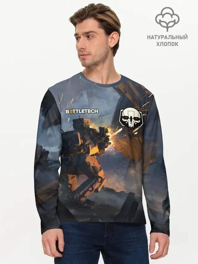Мужской лонгслив базовый с принтом «BattleTech — Battletech warrior»