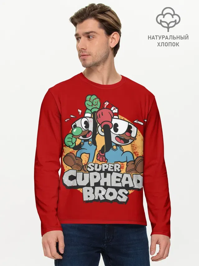 Мужской лонгслив базовый с принтом «Super Cuphead Bros»
