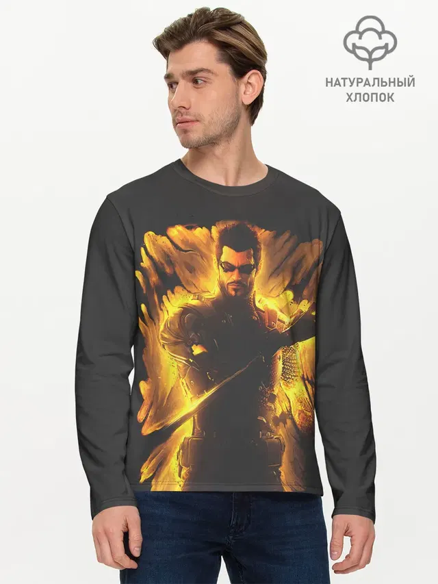 Мужской лонгслив базовый с принтом «Deus Ex — Jensen in fire»