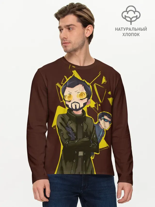 Мужской лонгслив базовый с принтом «Deus Ex — Anime Adam Jensen»