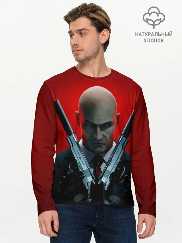 Мужской лонгслив базовый с принтом «Hitman — Agent here»