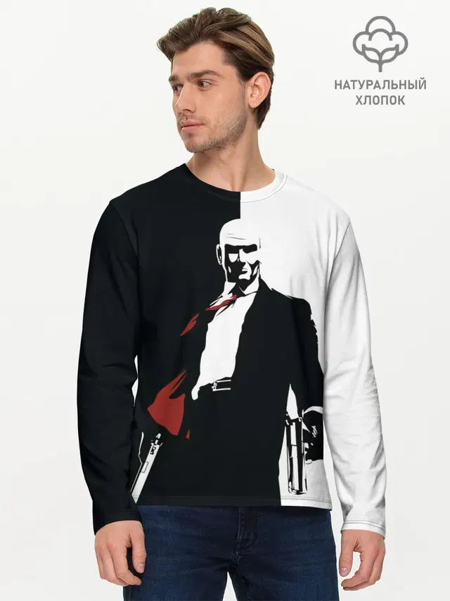 Мужской лонгслив базовый с принтом «Hitman — Hitman BW»