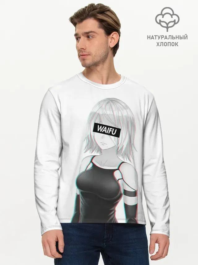 Мужской лонгслив базовый с принтом «A2 Waifu»