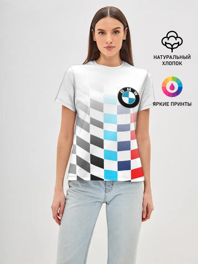 Женская базовая футболка с принтом «BMW — BMW GROUP — M PERFORMANCE BMW SPORT»
