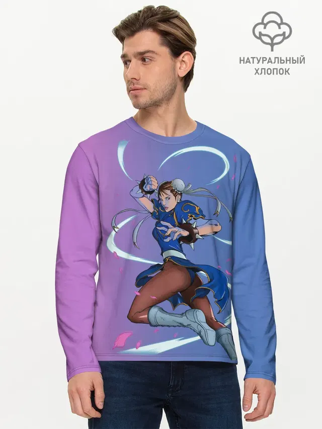Мужской лонгслив базовый с принтом «Street Fighter — Dengerous Chun Li»
