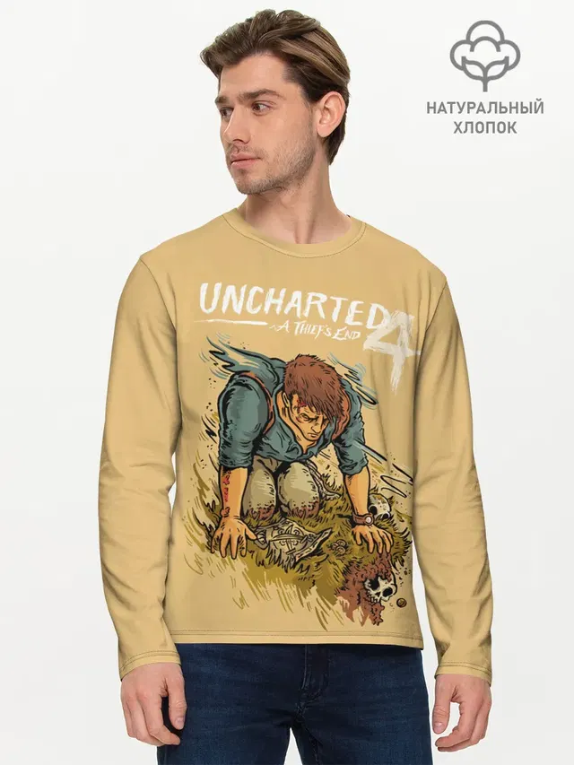 Мужской лонгслив базовый с принтом «Uncharted — Fallen Nathan»