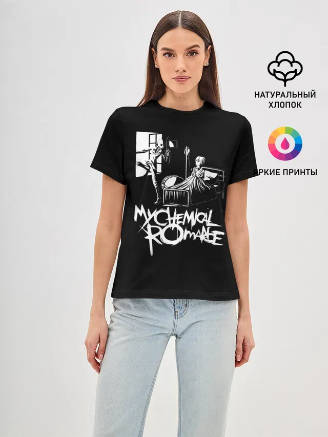 Женская базовая футболка с принтом «My Chemical Romance — My Chemical Romance уходящий в окно»