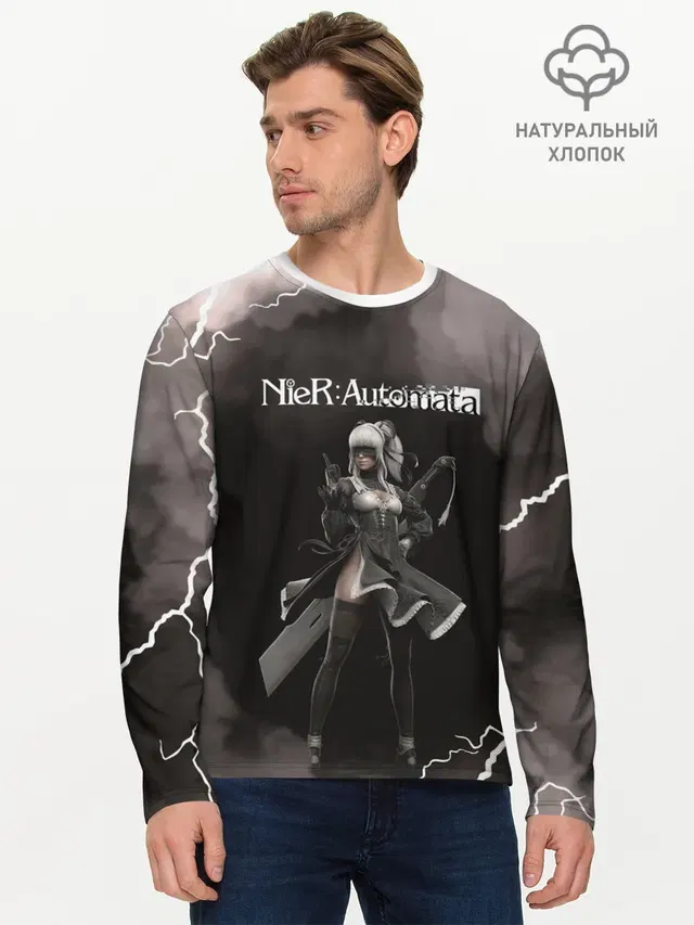 Мужской лонгслив базовый с принтом «Lightning — 2B — Nier Automata»