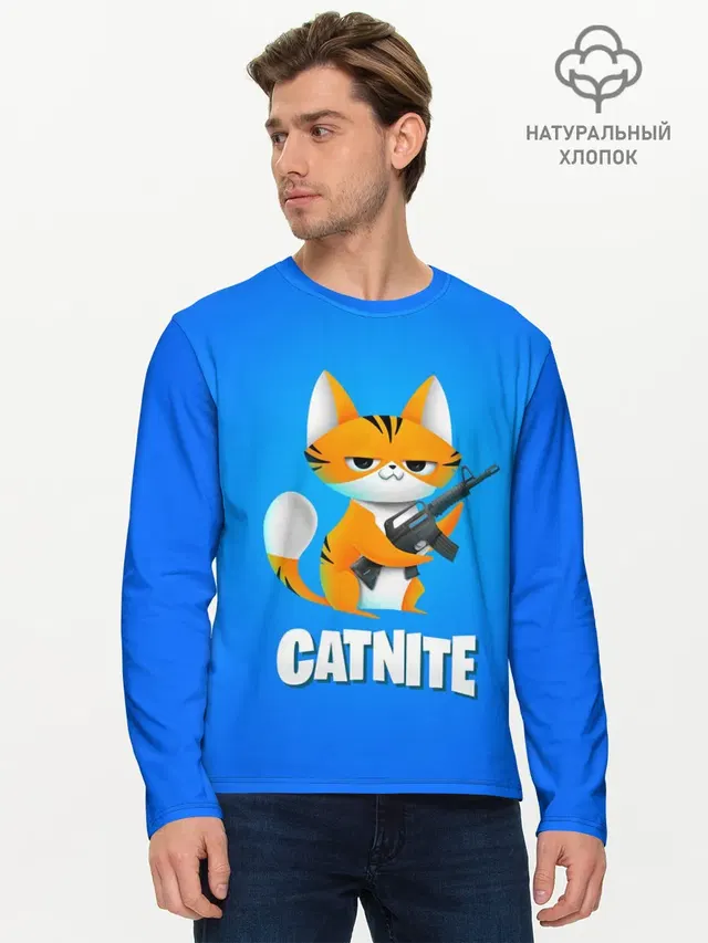 Мужской лонгслив базовый с принтом «Фортнайт — Catnite»