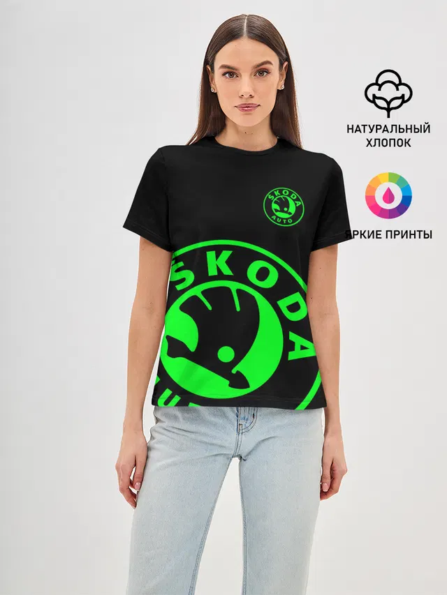 Женская базовая футболка с принтом «Skoda — SKODA GREEN LOGO BLACK STYLE»