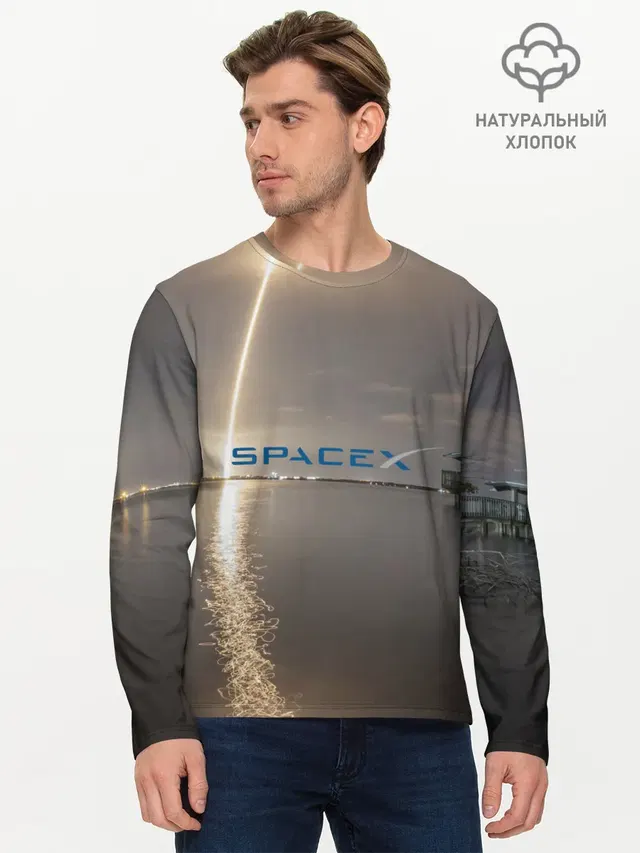 Мужской лонгслив базовый с принтом «Астрономия, космос — SpaceX Dragon 2»