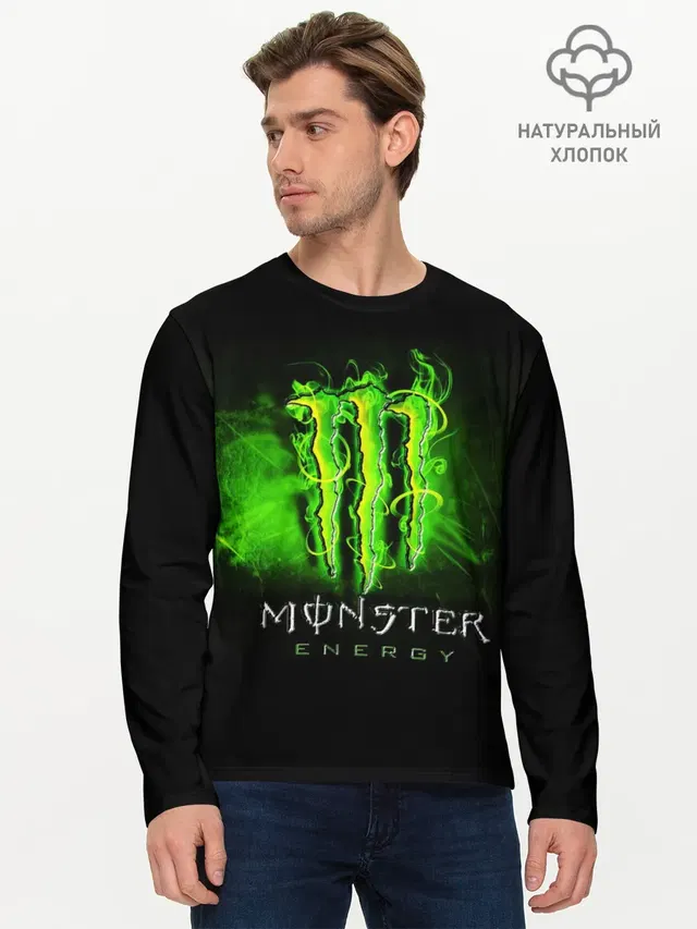 Мужской лонгслив базовый с принтом «Разные тренды — MONSTER ENERGY NEON — НЕОН»