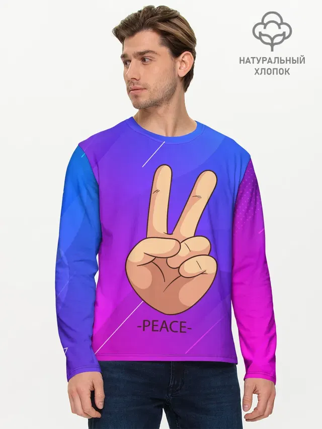 Мужской лонгслив базовый с принтом «Хиппи — ВСЕМ МИР — PEACE»